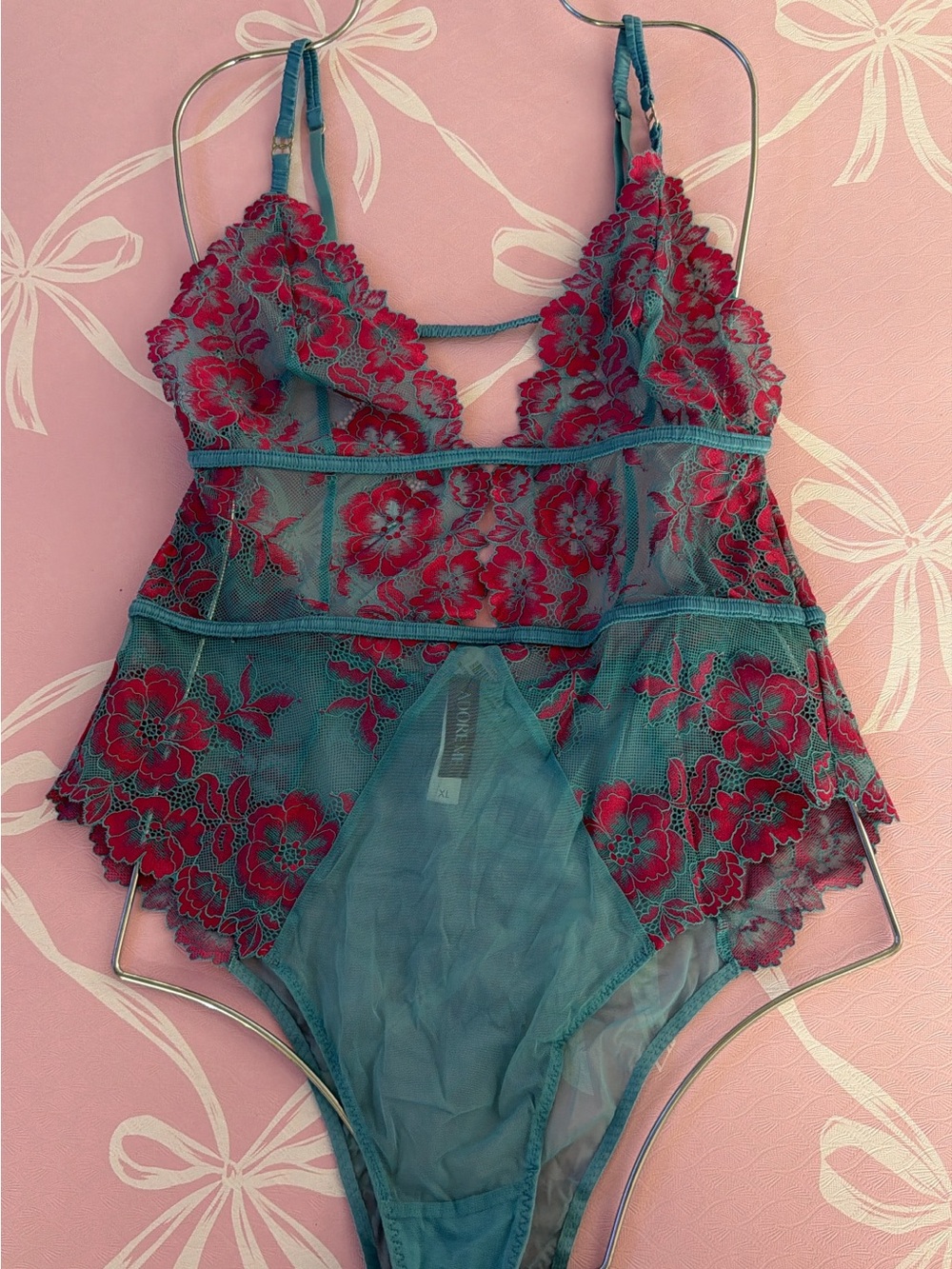 Adore Me Teal & Fuchsia Floral Lace Chemise Bodysuit